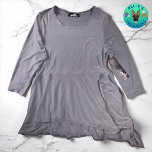 Sympli Women 12 Gray Ditto Too Tunic Top 3/4 Sleeve Asymmetrical Hemline Stretch